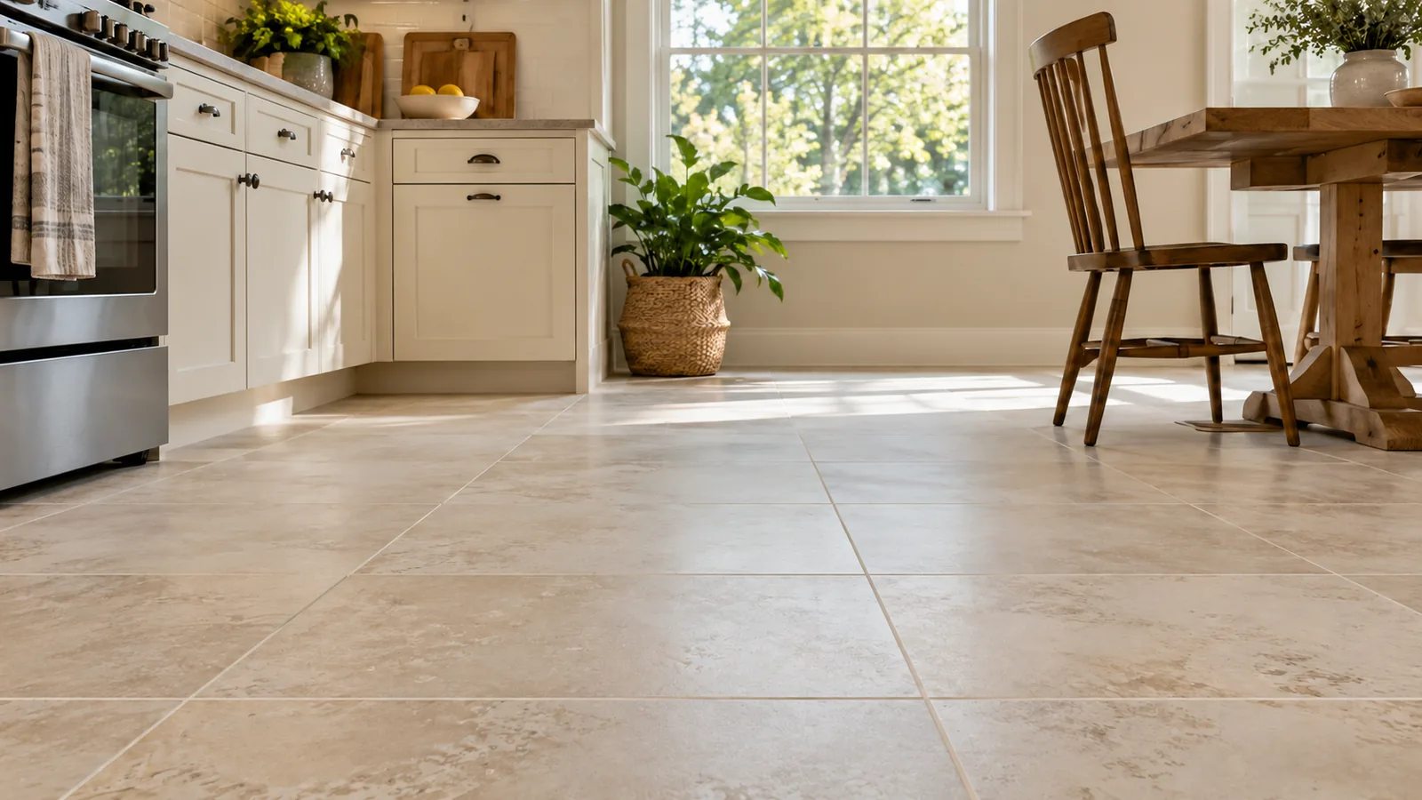 Porcelain tile flooring beside kitchen cabinets
